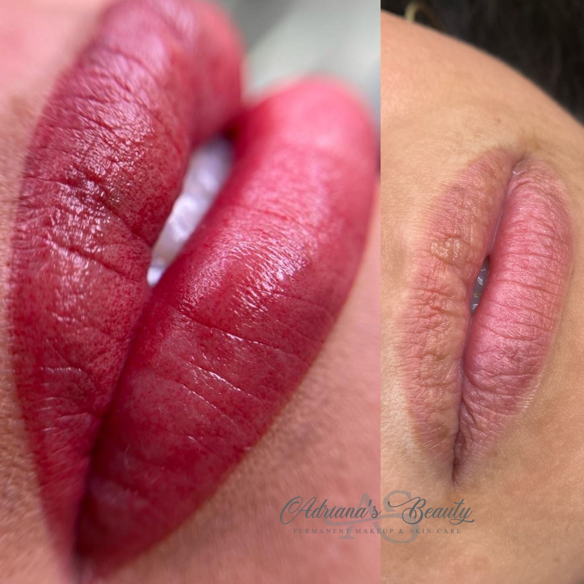 Before and after photos of lip blush tattoo; red lips after, light pink lips before.