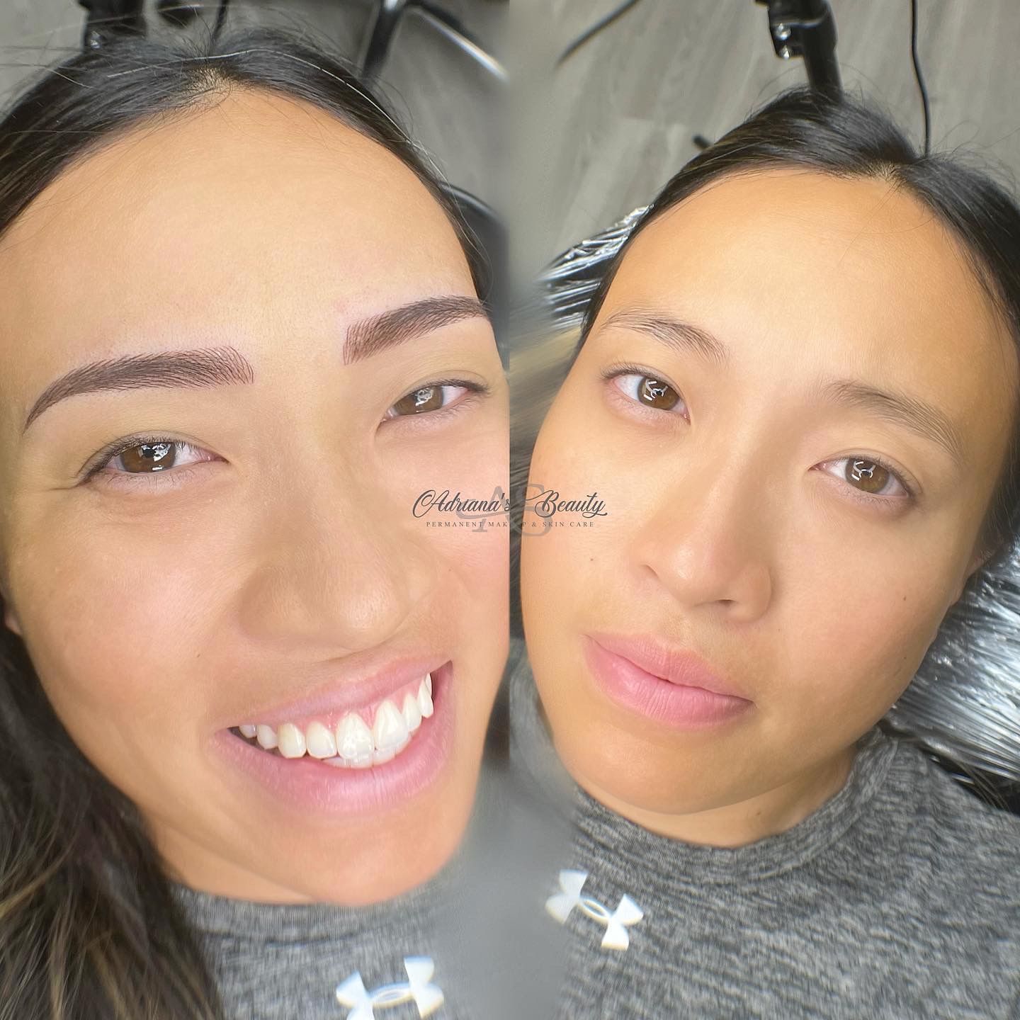 Woman with microbladed eyebrows smiles; before and after view.