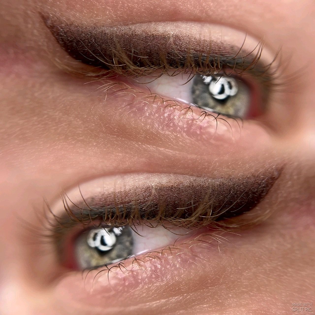 Close-up of two eyes with brown eyeliner, long eyelashes, and reflections in the gray-green irises.