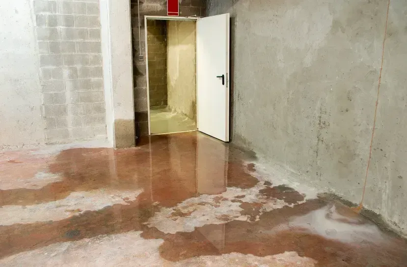 Flooded basement with standing water on concrete floor. White door and unfinished walls visible.