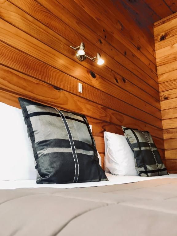 A bedroom with two beds and a wooden wall.