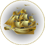 A golden sailboat is in a circle on a white background.