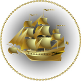 A gold ship with a chain around it on a white background.