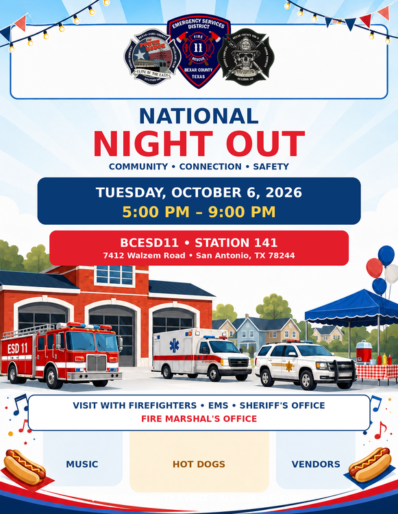National Night Out flyer for Tuesday, October 6, 2026, 5–9 PM at St. Hylan Station 141, with fire trucks and police cars.