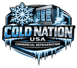 Logo for Cold Nation USA featuring a large snowflake, a commercial glass-door refrigerator, and icicles on a blue shield.