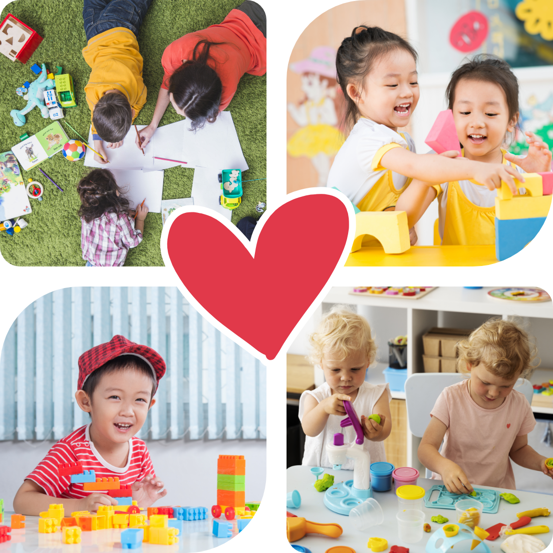 a collage of children playing with toys with a red heart in the middle