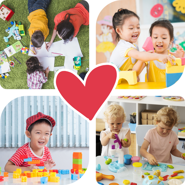 a collage of children playing with toys with a red heart in the middle