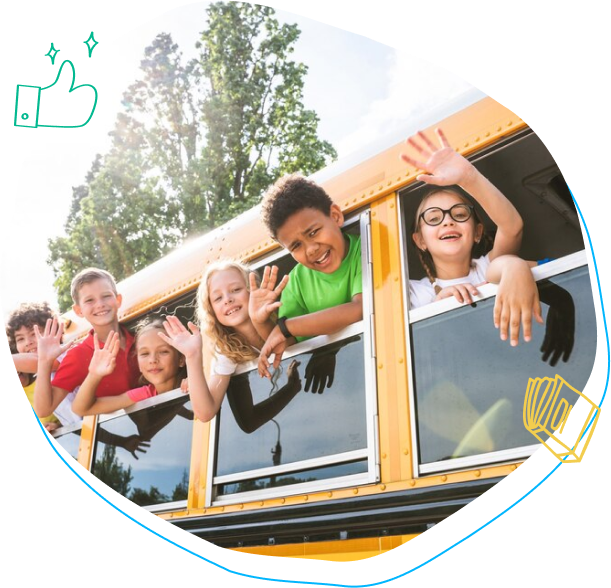 a group of children are waving from the windows of a school bus