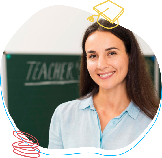 a woman is smiling in front of a blackboard that says teachers