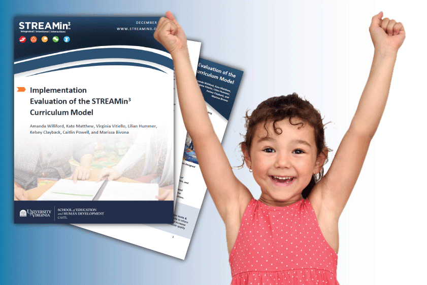 a little girl with her arms in the air next to a paper that says implementation evaluation of the streamin curriculum model