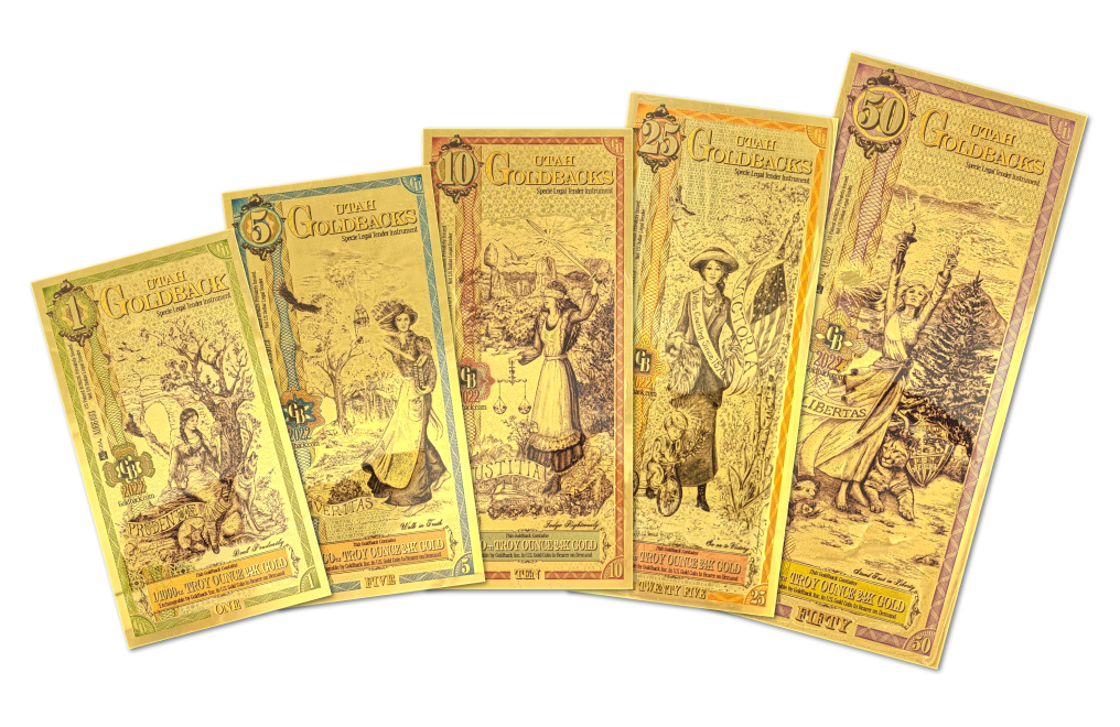 Utah Goldback notes, a full set, each containing a fraction of an ounce of 24K gold