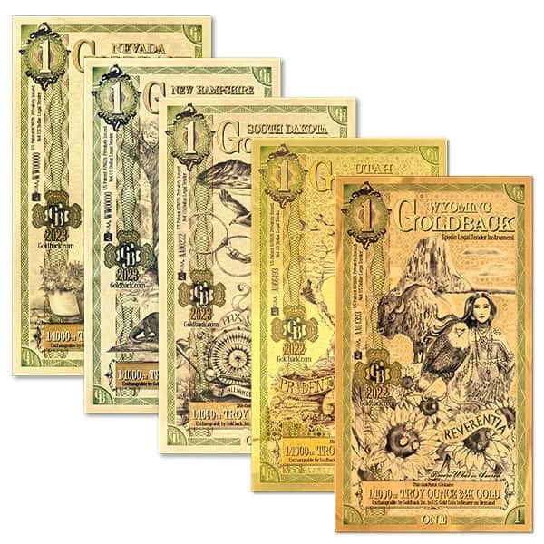 Five decorative gold-colored paper dollar bills, each with a different artistic design and illustration.