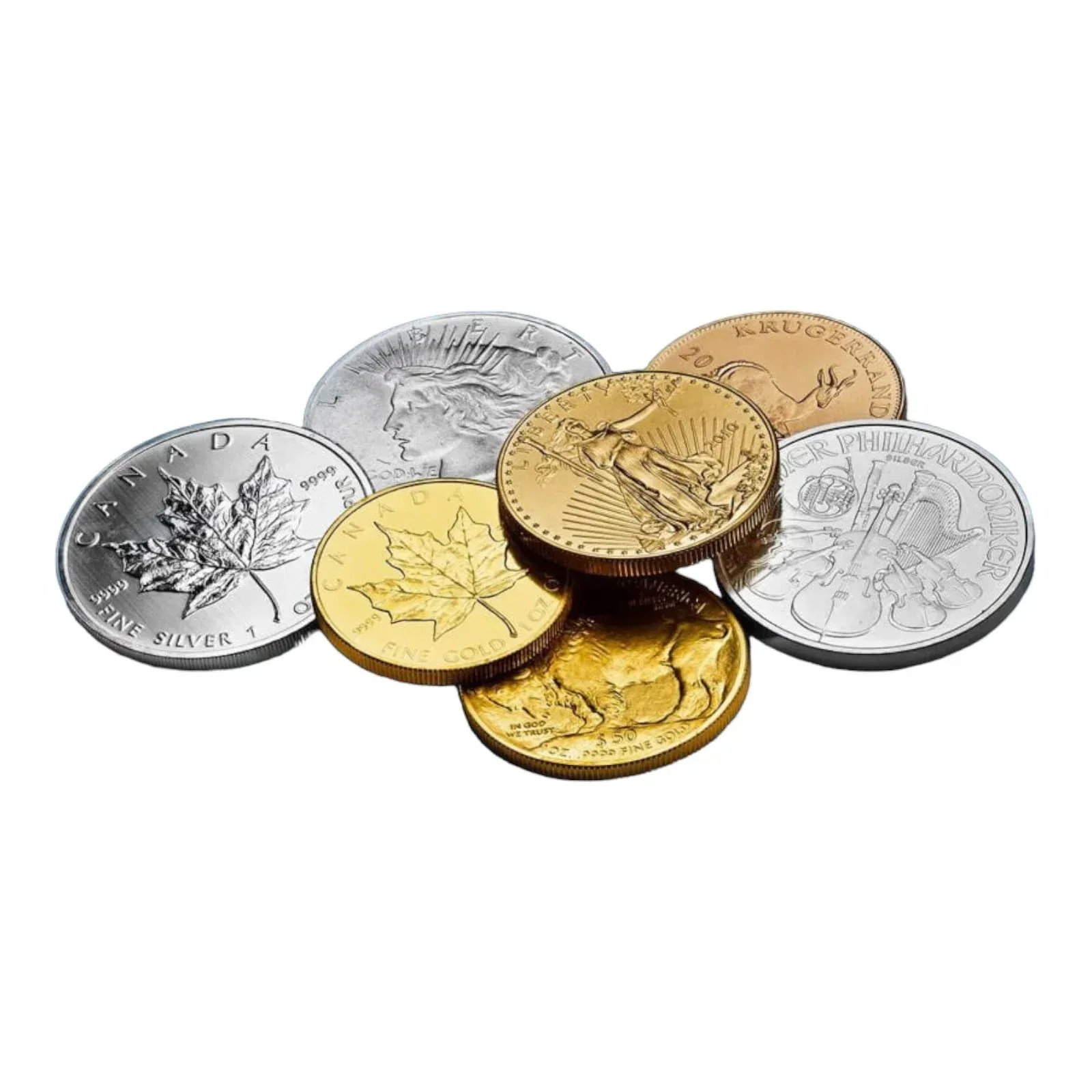 Pile of assorted gold and silver coins with various designs.