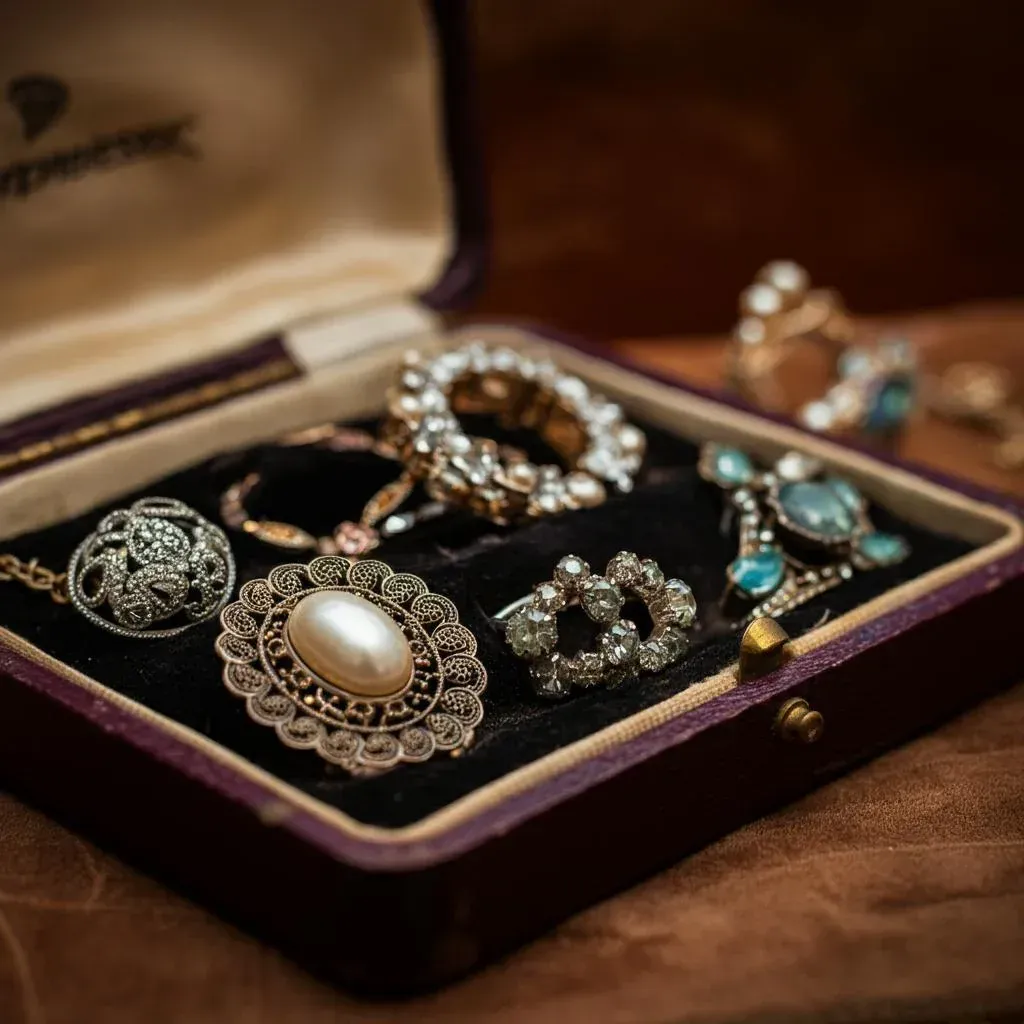 Jewelry box with various antique rings and brooches. The box is lined with purple velvet.