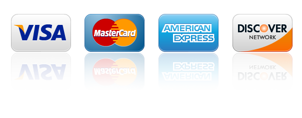 Visa, Mastercard, American Express, and Discover credit card logos.