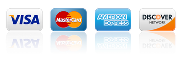 Visa, Mastercard, American Express, and Discover credit card logos.