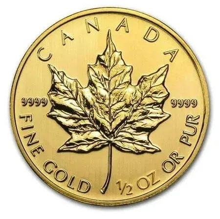 Gold Canadian Maple Leaf coin with maple leaf and text 