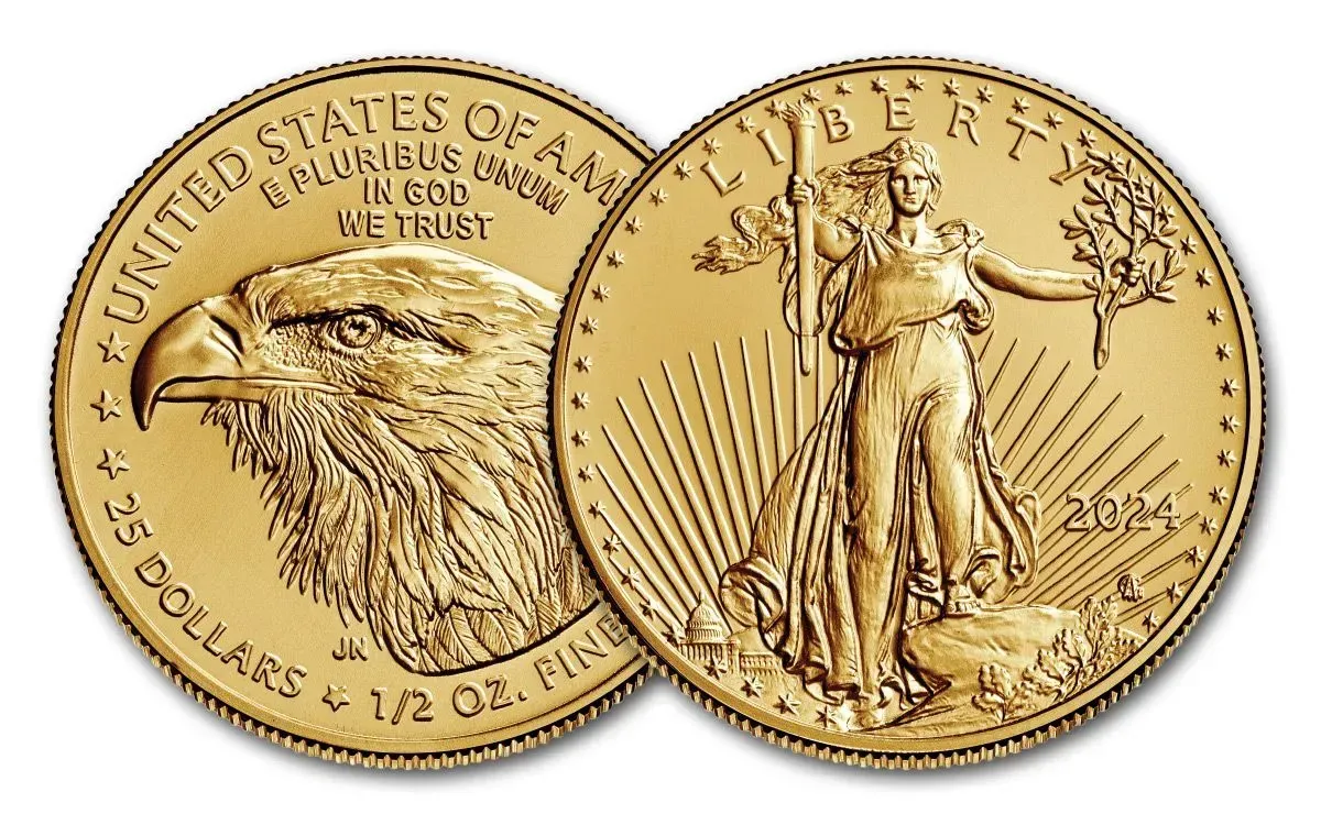 Gold coin featuring an eagle and Lady Liberty. 