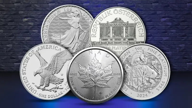 Five silver coins with intricate designs, against a blue and gray brick background.
