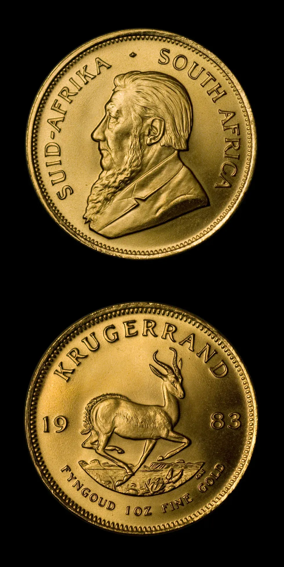 Two gold Krugerrand coins: One with a man's profile, the other with a springbok and text.