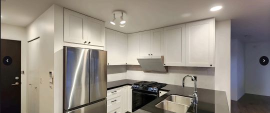 Kitchen with white cabinets, stainless steel appliances, and black countertops.