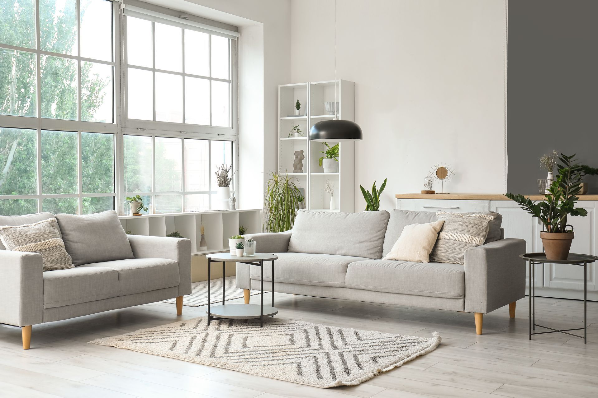 A living room with two couches and a rug.