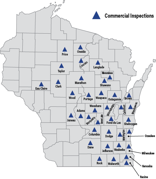 Shamrock's WI Commercial Service Area Map - Wisconsin map with all counties outlined including the ones Shamrock services for commercial inspections denoted by blue triangles
