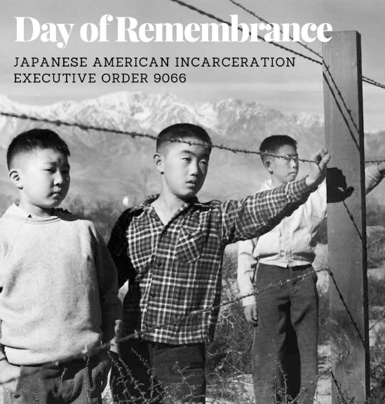 Picture of three Japanese-American youth behind barbed wire, with the text 