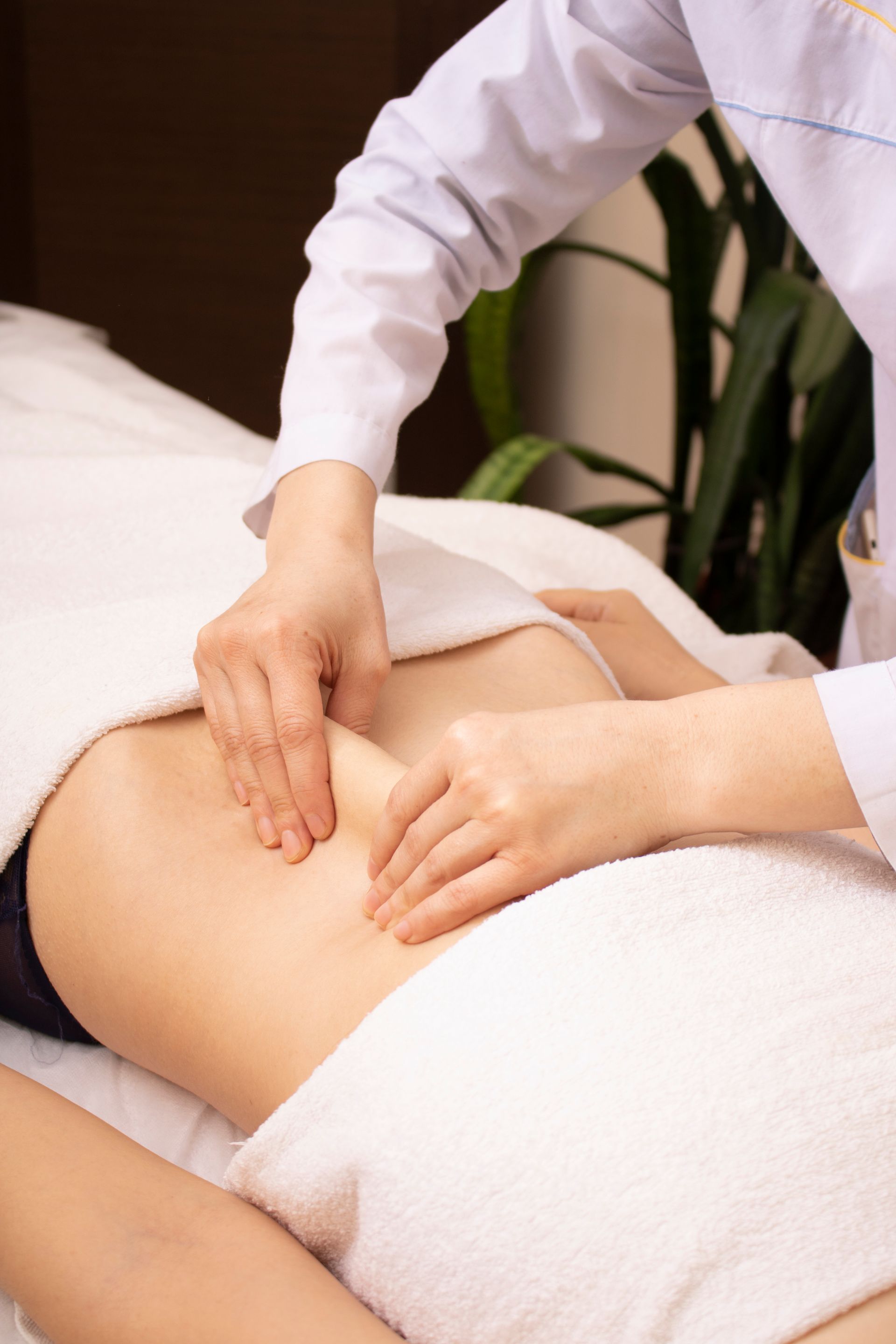 A woman is getting a massage on her stomach in a spa.