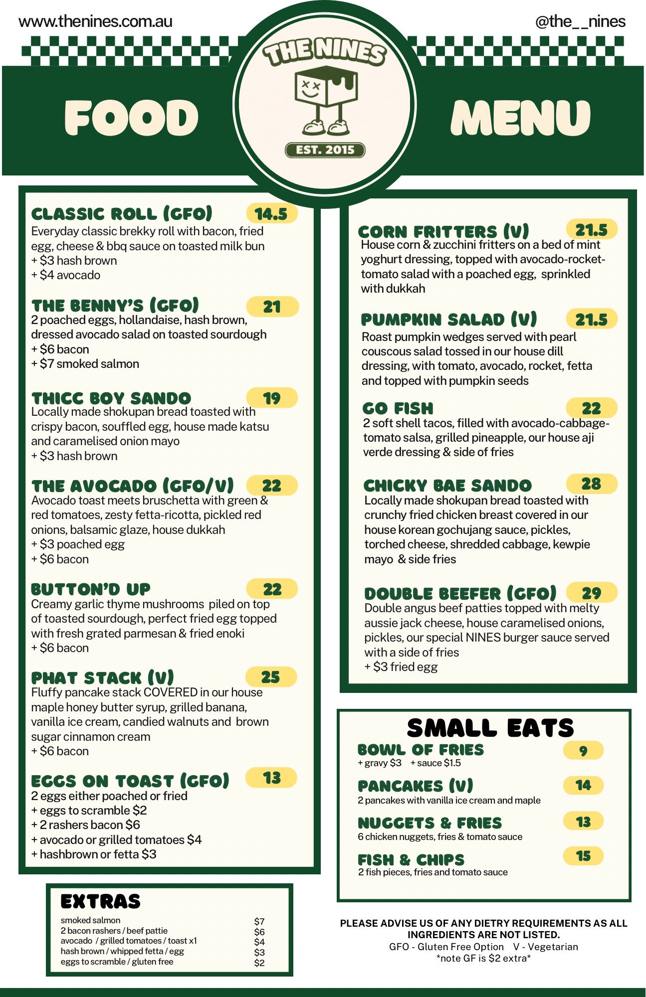Image of the current Menu at The Nines Cafe, Maroochydore
