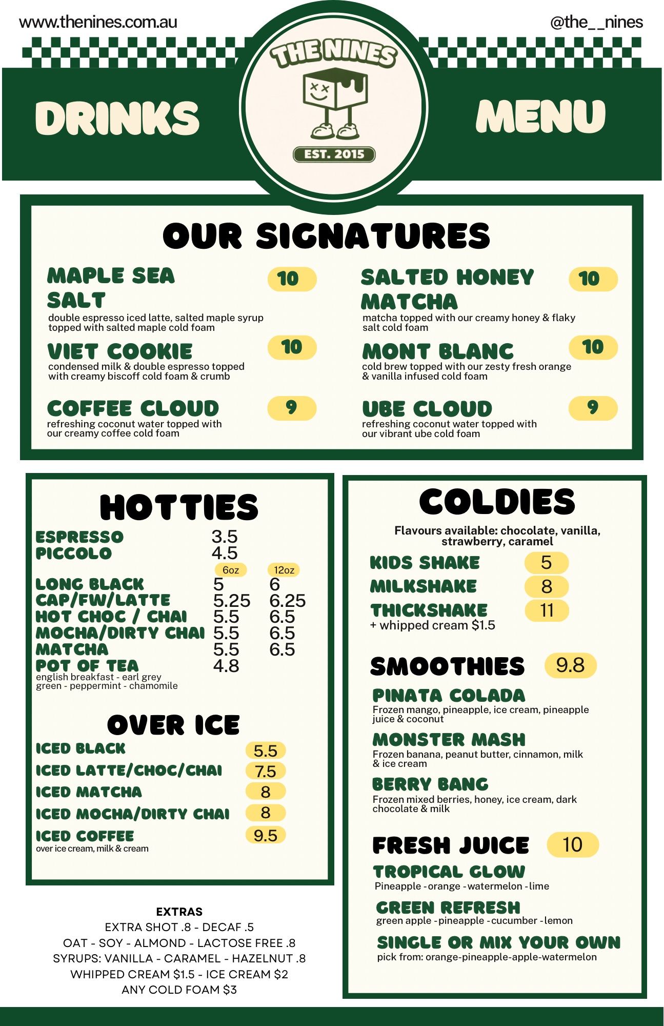 Image of the current Menu at The Nines Cafe, Maroochydore