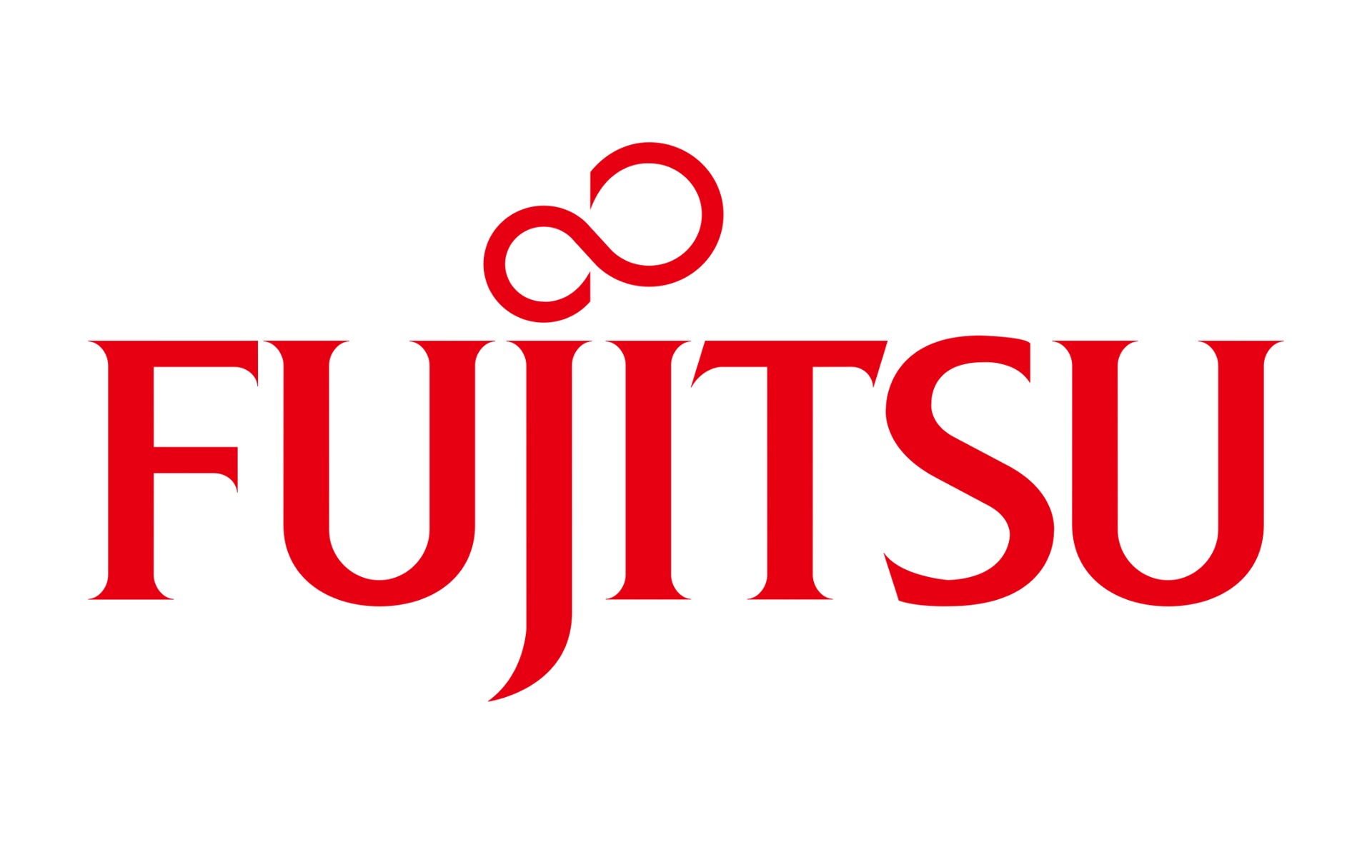 Fujitsu logo in red text with two red circles above the wordmark