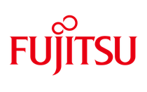 Fujitsu logo in red text with two red circles above the wordmark