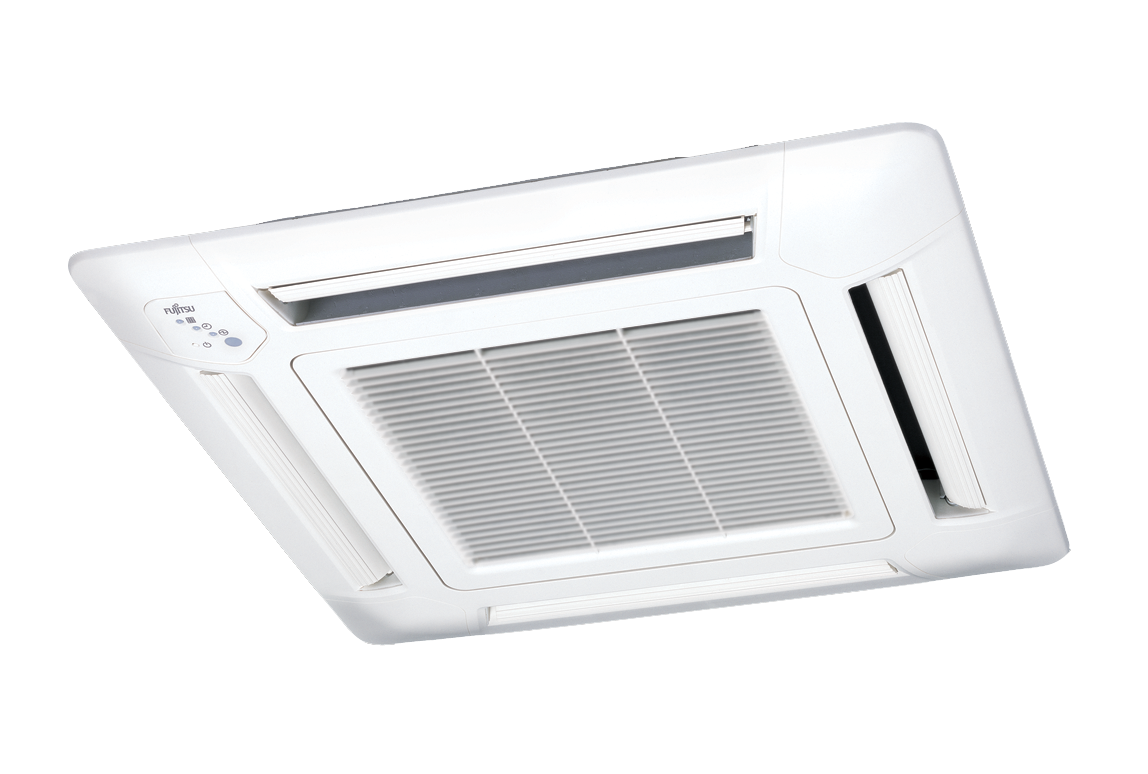 White ceiling-mounted air conditioning cassette unit with vents and grille