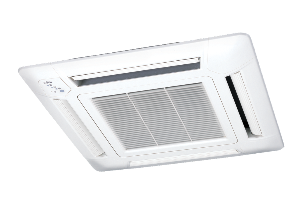 White ceiling-mounted air conditioning cassette unit with vents and grille