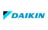 Daikin logo in blue with a black and cyan geometric icon on a white background