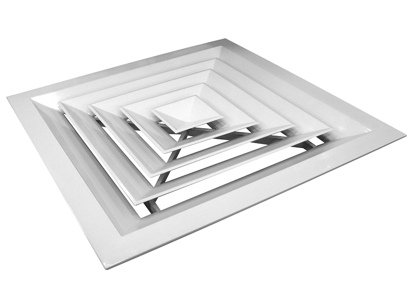 Stacked white square frames forming a geometric layered pattern on a light background