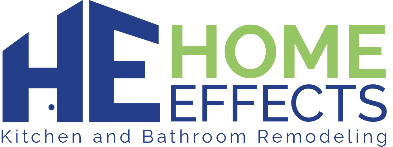 Logo for Home Effects Kitchen and Bathroom Remodeling. Blue and green text, stylized house.