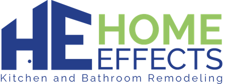 Logo for Home Effects Kitchen and Bathroom Remodeling. Blue and green text, stylized house.