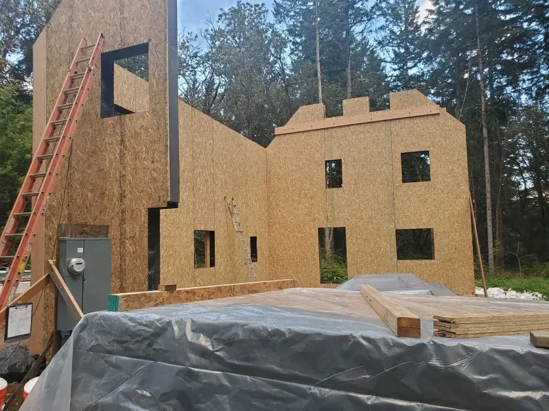 A house is being built with a ladder on the side of it.