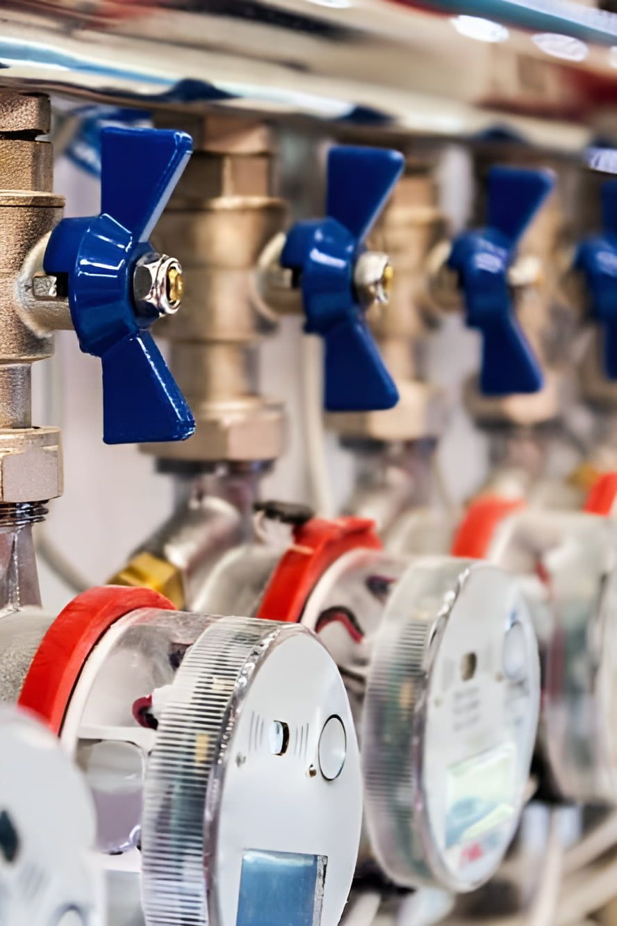 A Row Of Water Meters With Blue Handles Are Lined Up On A Shelf — ARK Plumbing & Gasfitting In Berrima, NSW