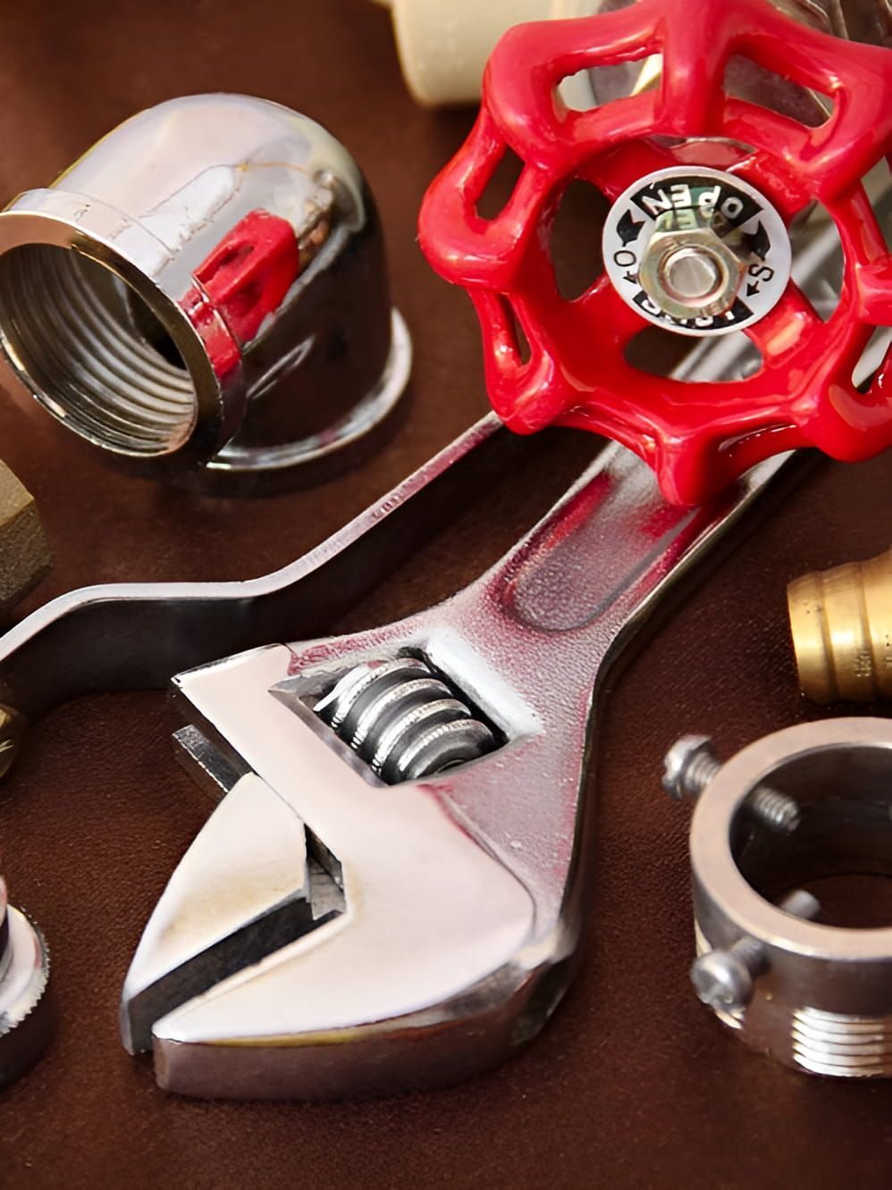 A Wrench With A Red Handle Is Surrounded By Plumbing Parts — ARK Plumbing & Gasfitting In Exeter, NSW