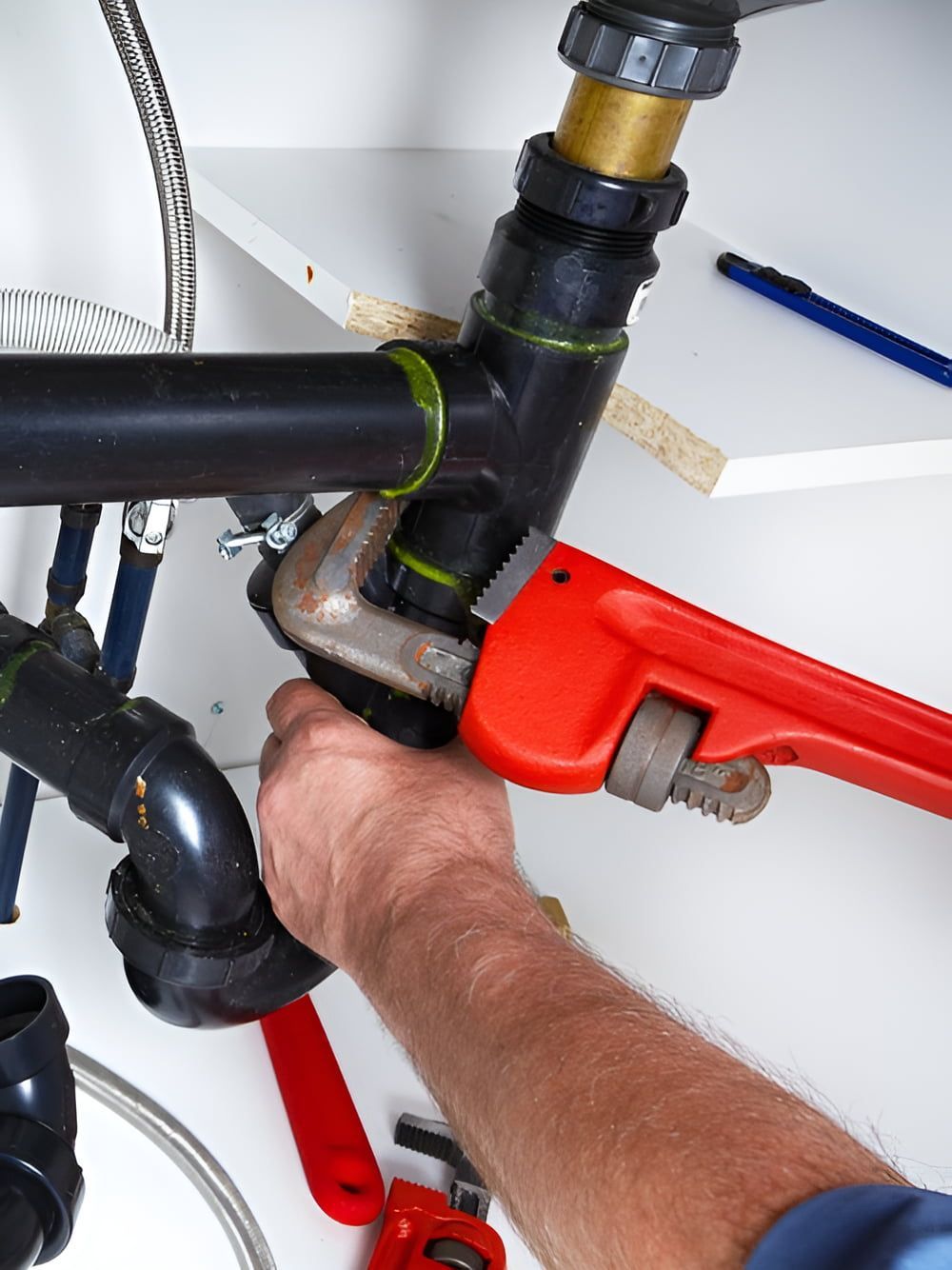 A Plumber Is Fixing A Pipe Under A Sink With A Wrench — ARK Plumbing & Gasfitting In Mittagong, NSW