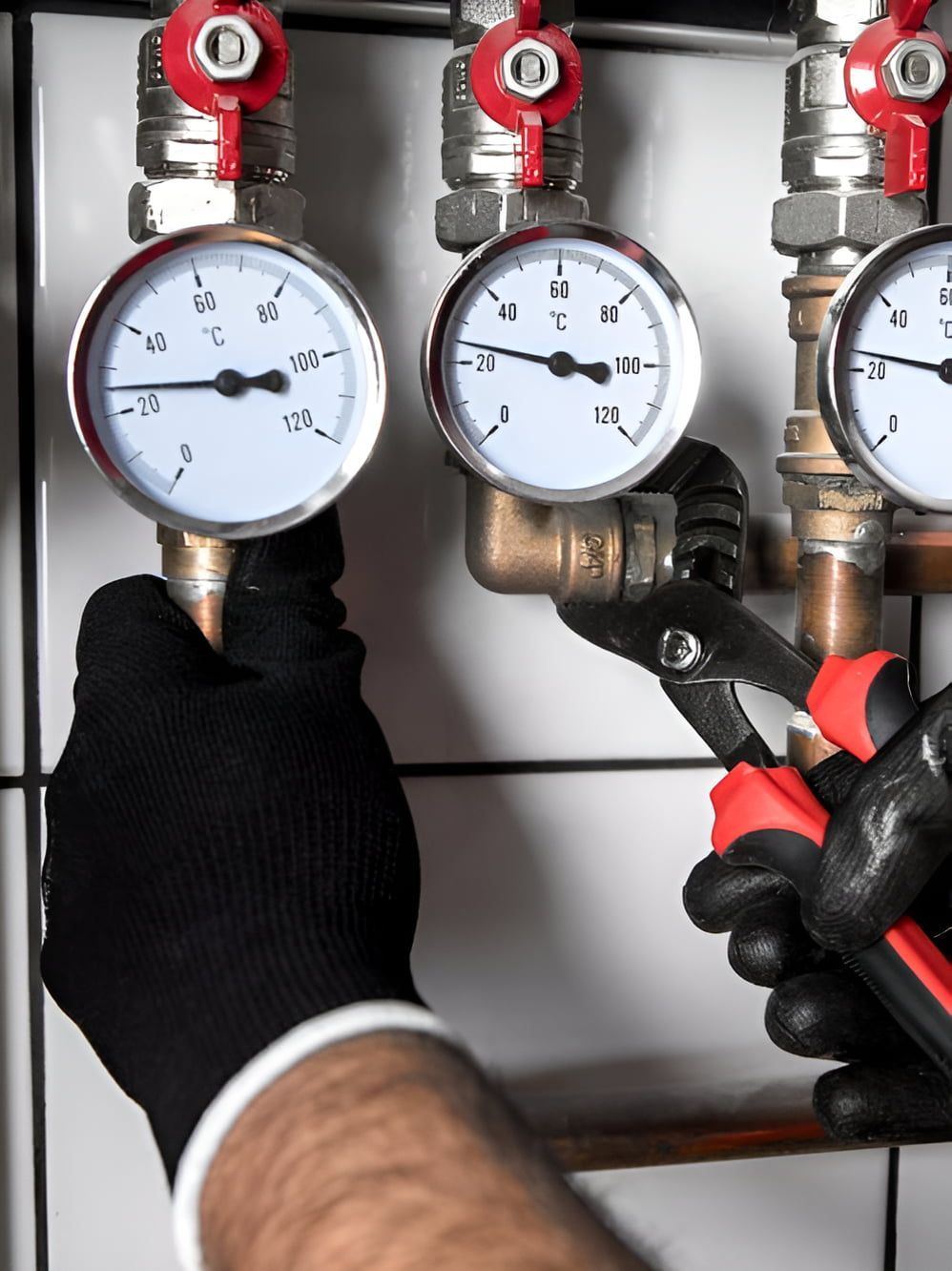 A Person Is Holding A Pair Of Pliers Next To A Pressure Gauge — ARK Plumbing & Gasfitting In Moss Vale, NSW