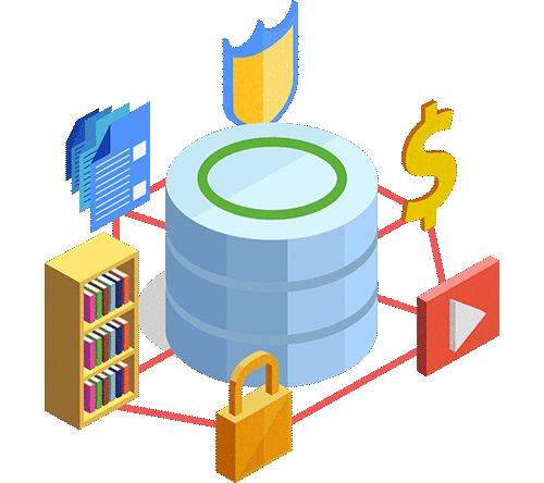 an isometric illustration of a database surrounded by various icons .