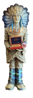 a statue of a native american chief holding a box of cigars .