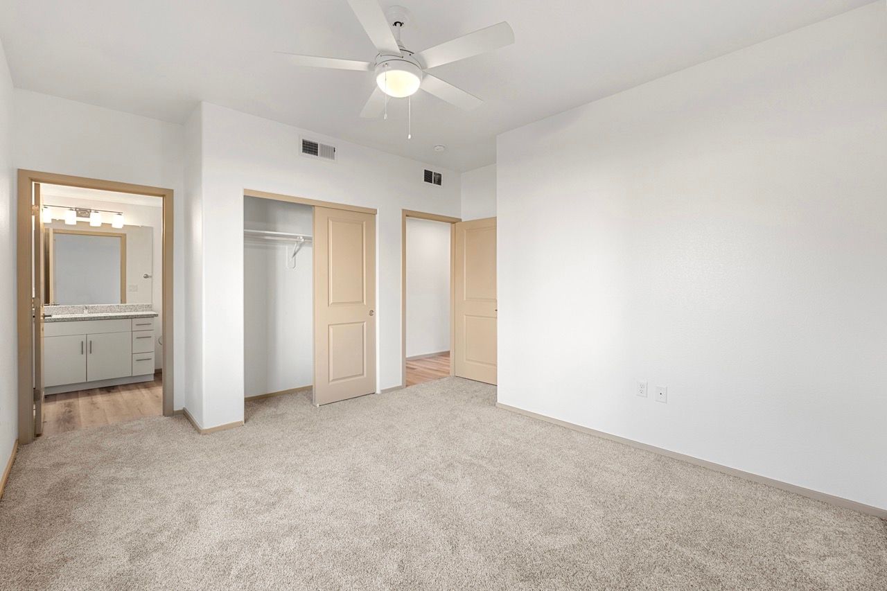 Empty bedroom with beige doors, a closet, and an adjoining bathroom vanity.