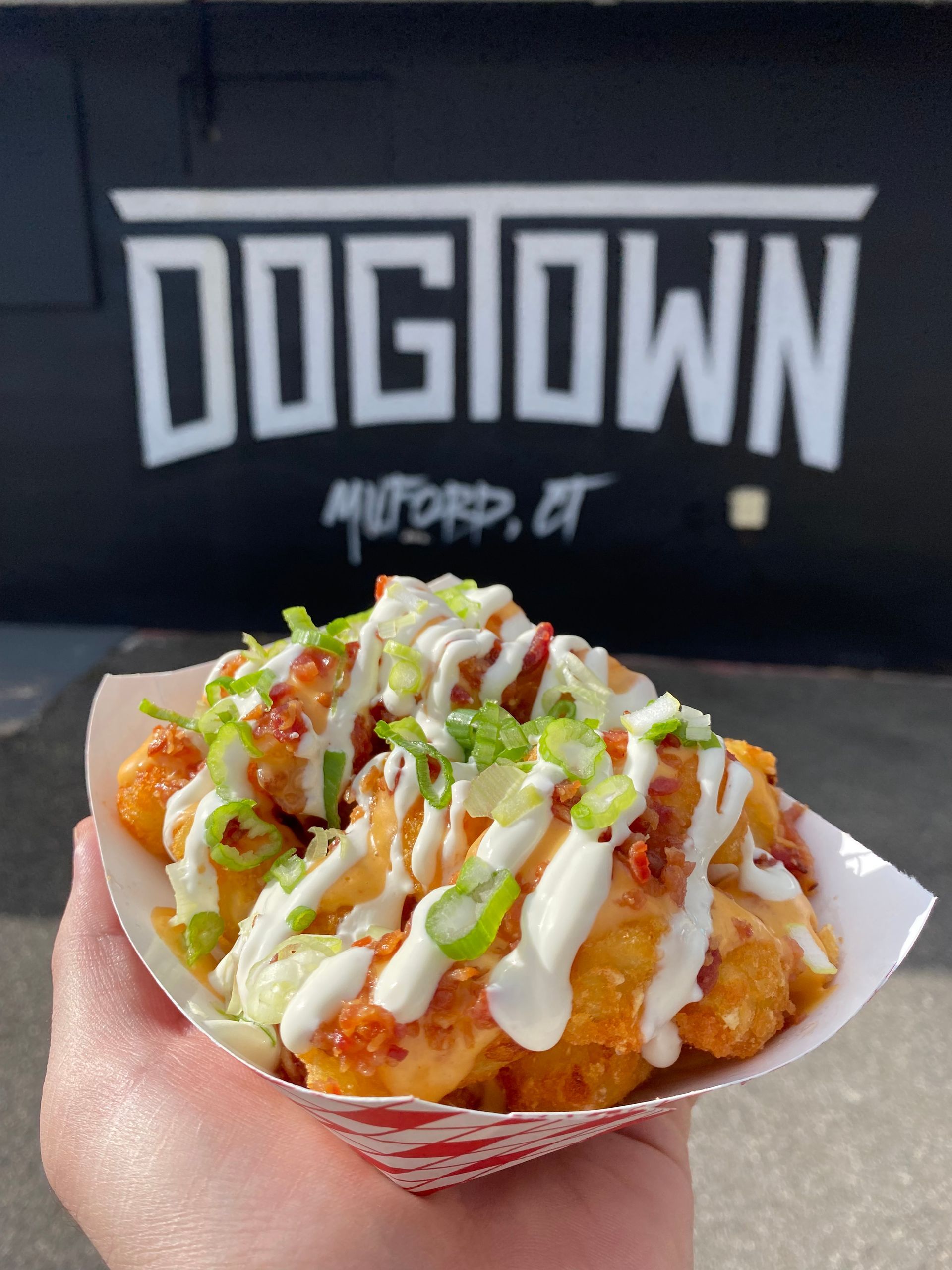 A person is holding a tray of food in front of a dogtown sign
