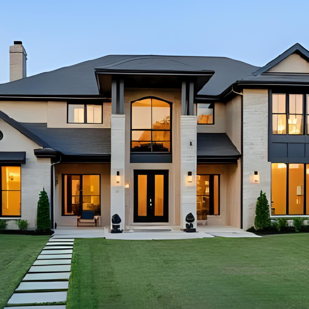 A large house with lots of windows and a walkway leading to it