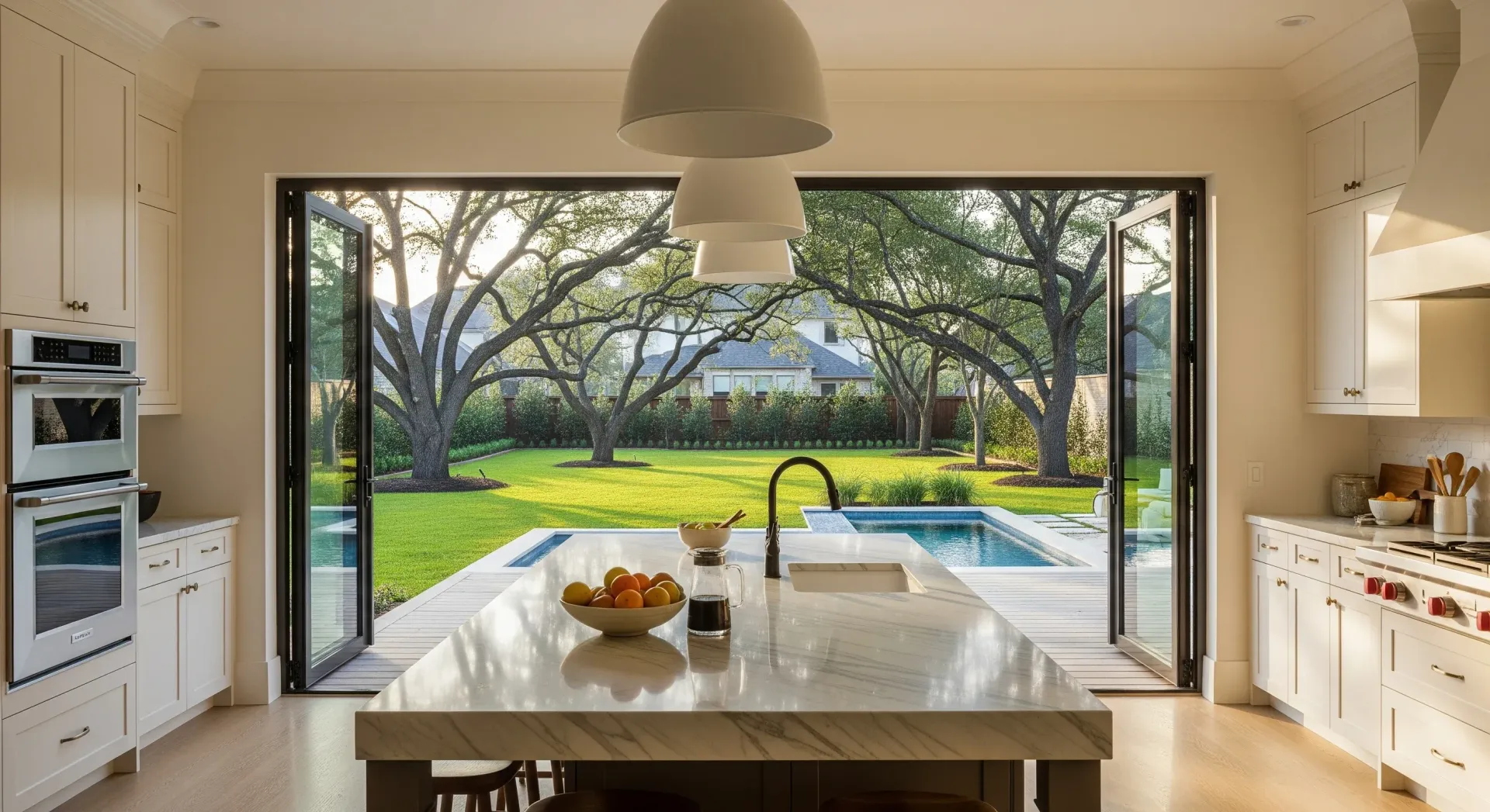 A white, modern kitchen with a large marble island, double ovens, and open glass doors looking out to a backyard pool.
